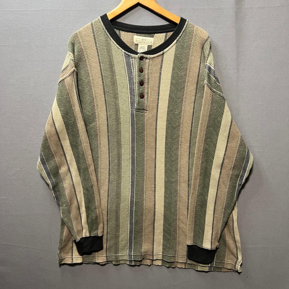 Natural Issue Mens Large Henley Waffle Knit Striped Long Sleeve Shirt Green Tan